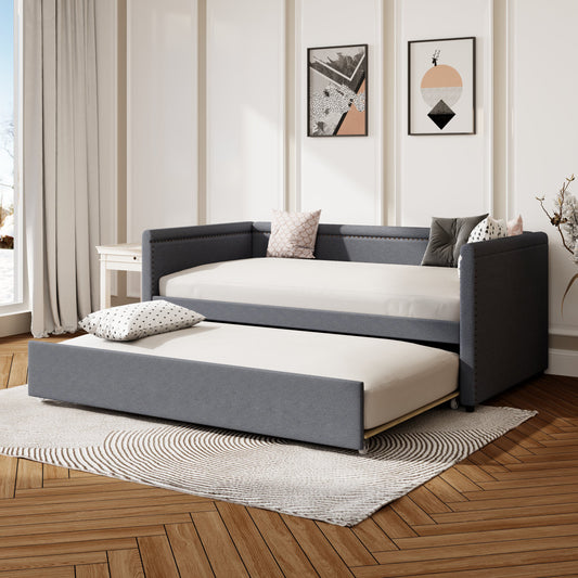 Kiri Modern Style Twin Size Linen Daybed & Trundle Set, Gray