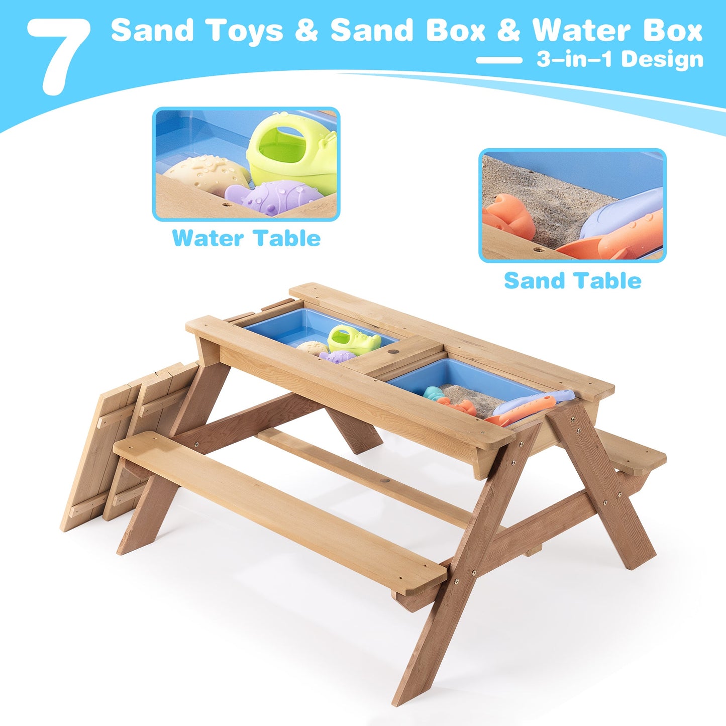 3-in-1 Kids Outdoor Wooden Picnic Table With Umbrella