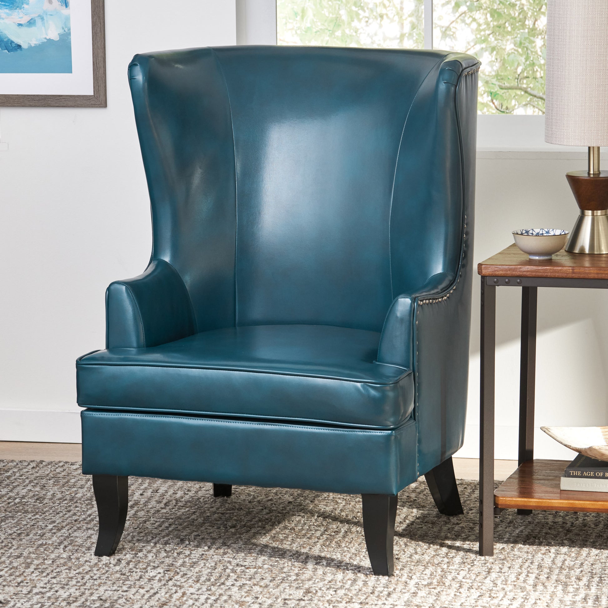 Canterbury Modern Leather High Back Chair with Silver Nailhead, Teal