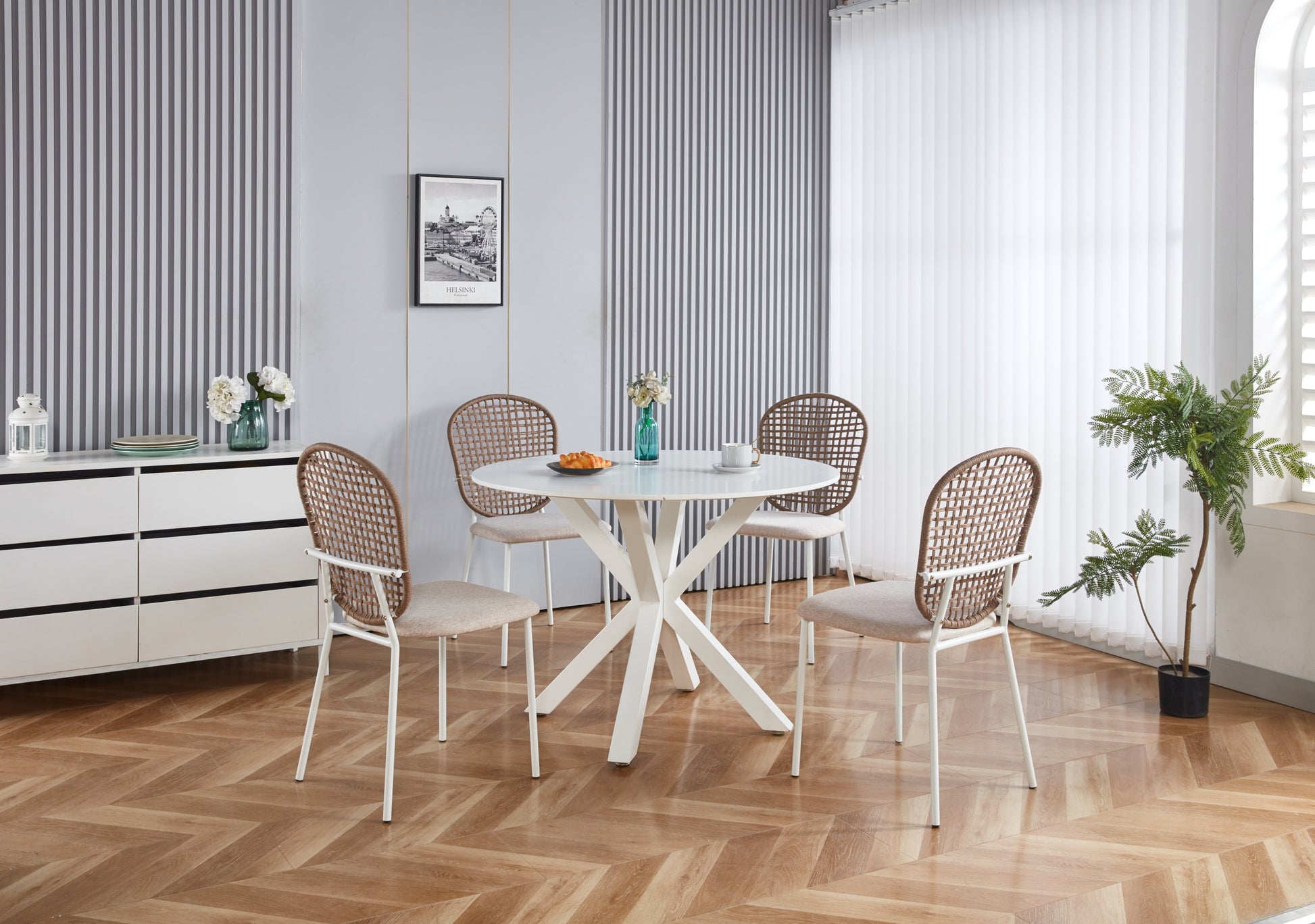 Persis Sennit Chairs with White Legs Set of 4 Beige