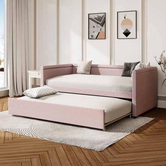 Kiri Modern Style Twin Size Linen Daybed & Trundle Set, Pink