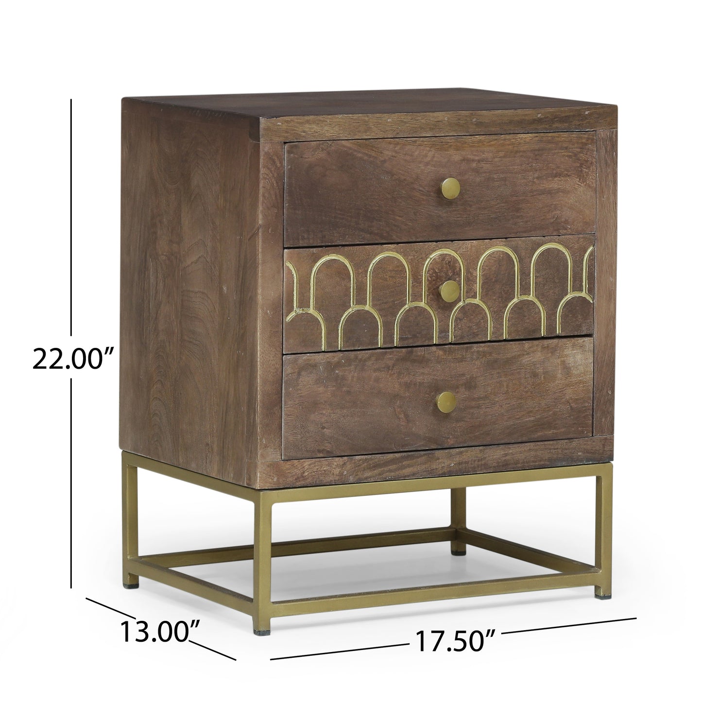 Phyllis Contemporary 3-Drawer Nightstand with Gold Accents