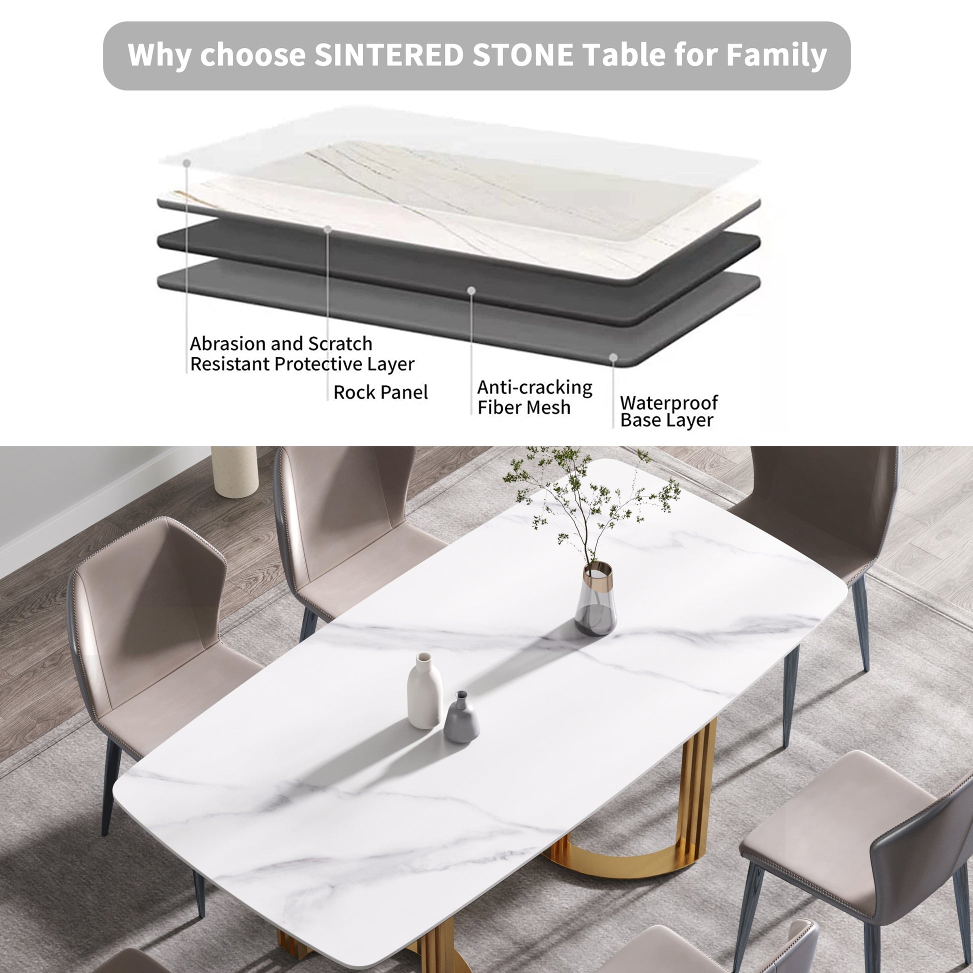 Moto II 70.8" Modern Sintered Stone Dining Table with Gold Base