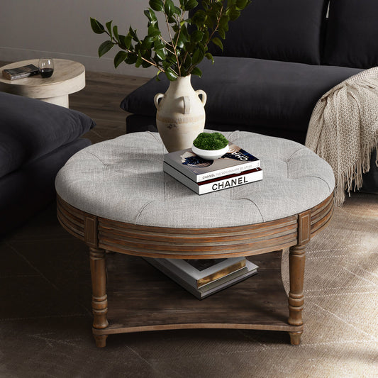 Hartford Large Round 2-Tier Ottoman Coffee Table with Tufted Linen Top