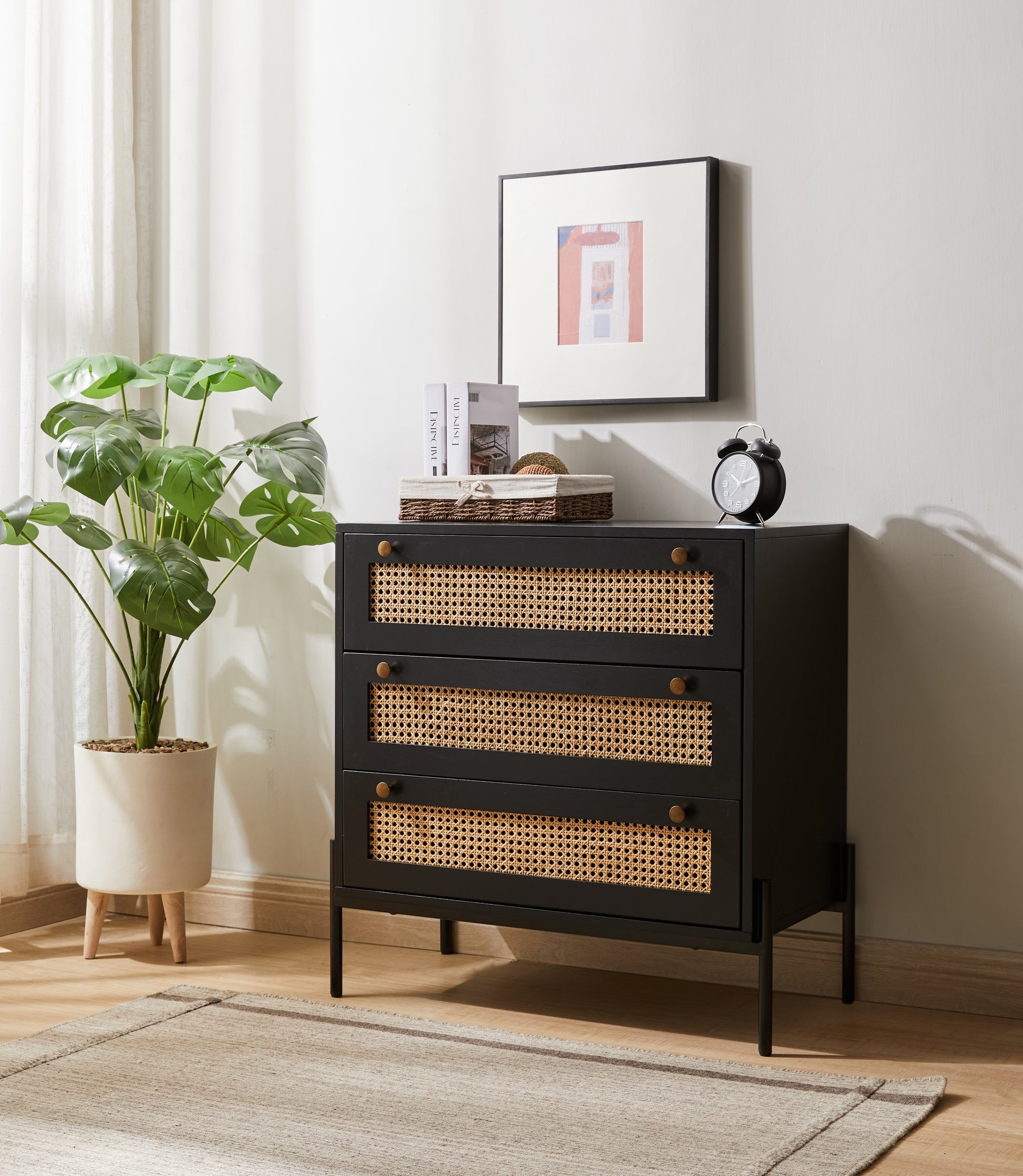 Ingrid Mid-Century Modern Cabinet, Black & Rattan