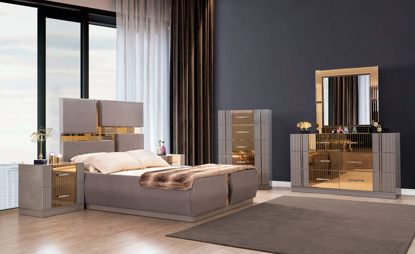 Lorenzo King Size Glam Bed in Gray with Mirrored Gold Accent Panels