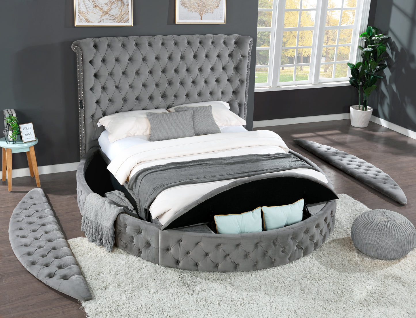 Hazel Contemporary Velvet King Size Storage Bed, Gray