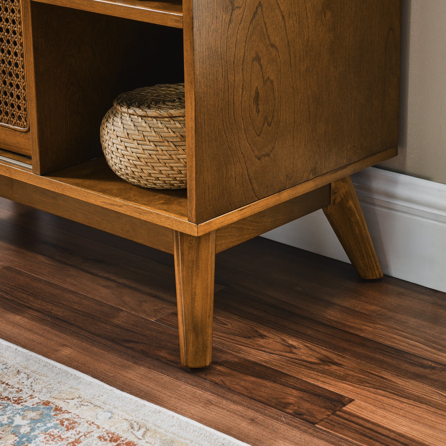 Margot Mid-Century Modern Cabinet in Walnut with Rattan Doors