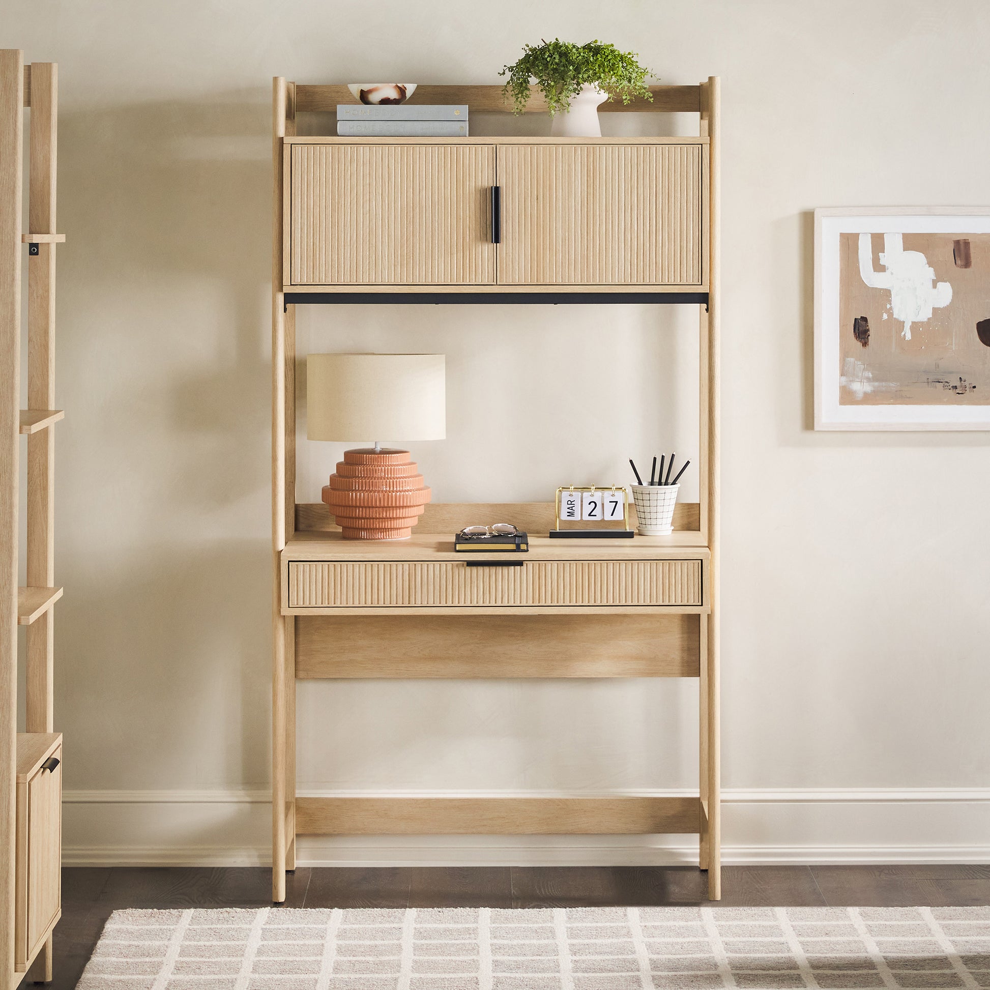 Transitional Reeded Desk with Hutch and Drawers Plus Tech Management - Oak