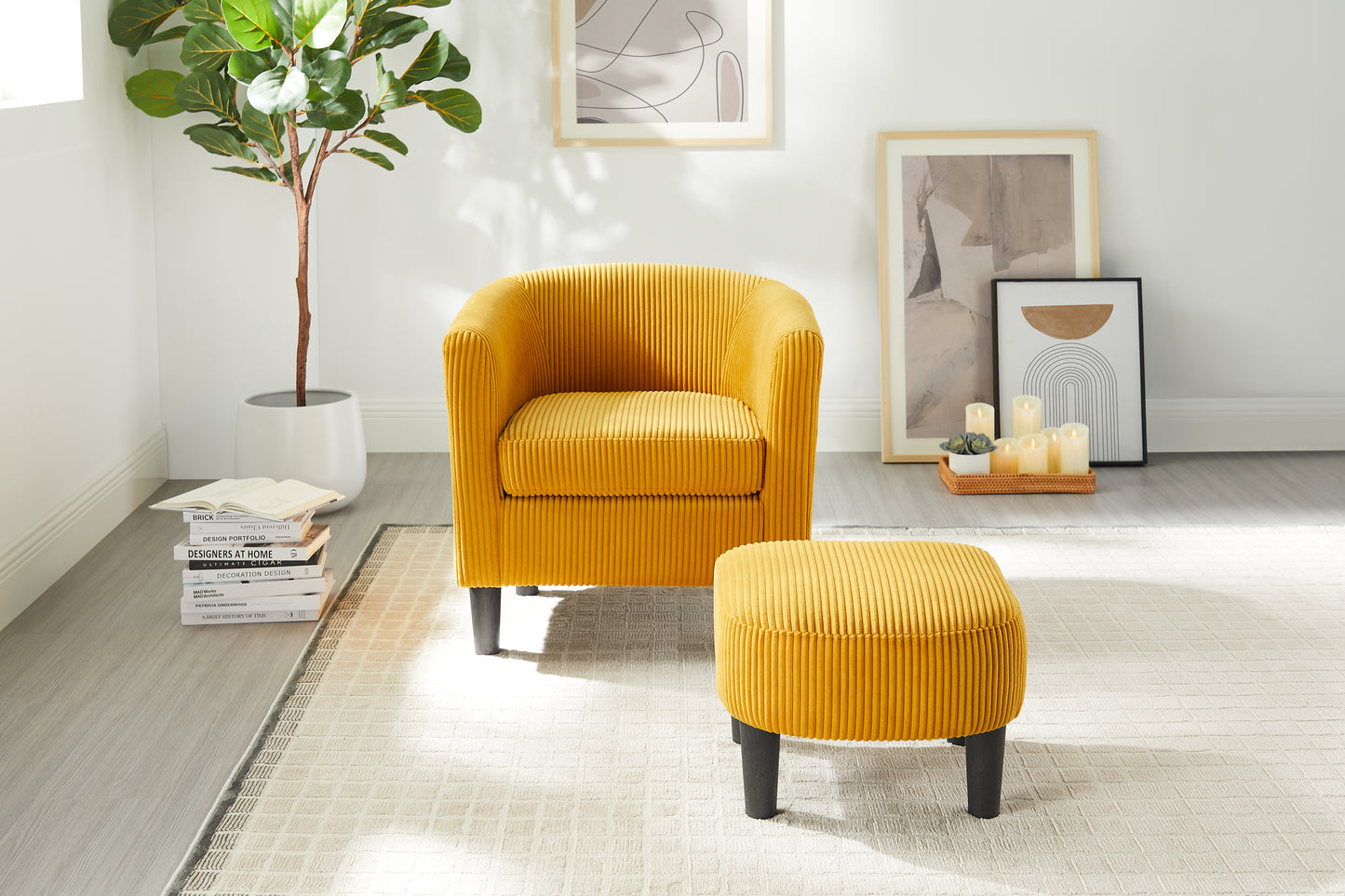 Xara Modern Corduroy Upholstered Chair & Ottoman Set, Yellow