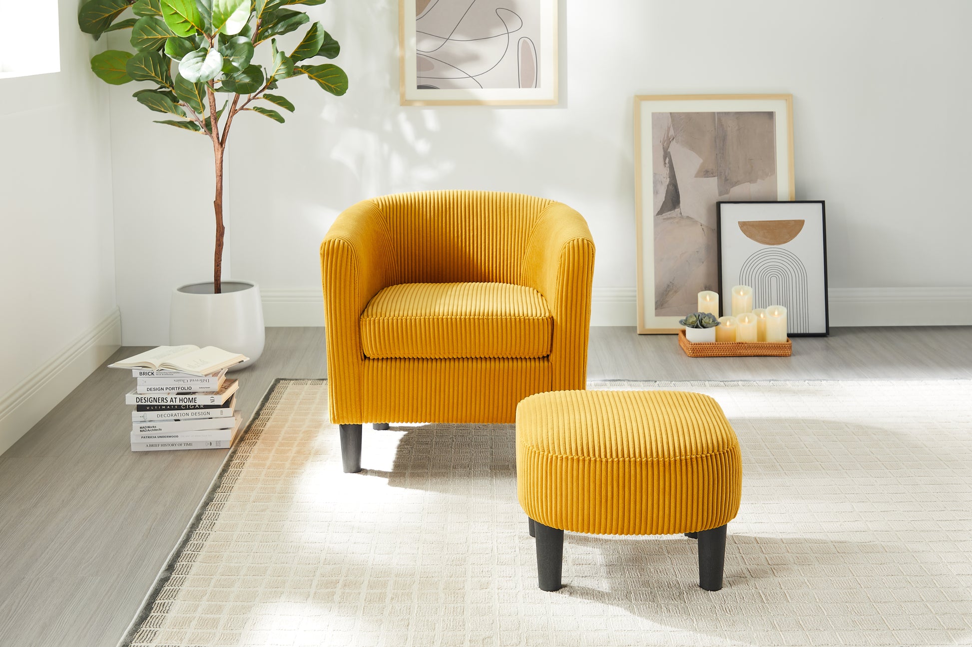 Xara Modern Corduroy Upholstered Chair & Ottoman Set, Yellow