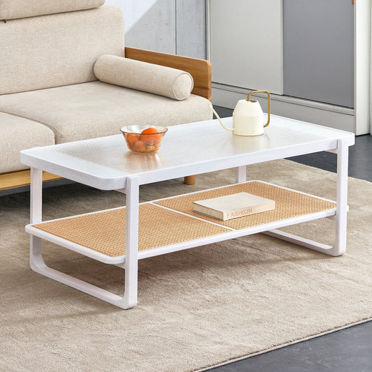 Dallas Modern Glass Top Coffee Table with Rattan Shelf - White