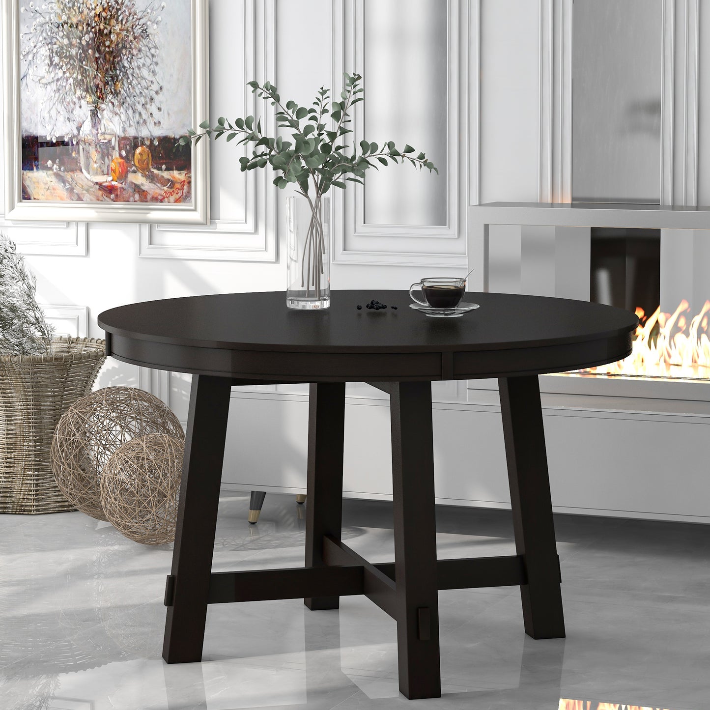 Blyssa Farmhouse Round Extendable Dining Table with 16" Leaf Wood Kitchen Table Espresso