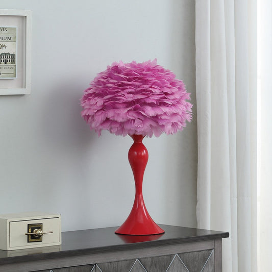 Medium Pink Feather Aquina Glaze Red Metal Contour Glam Table Lamp