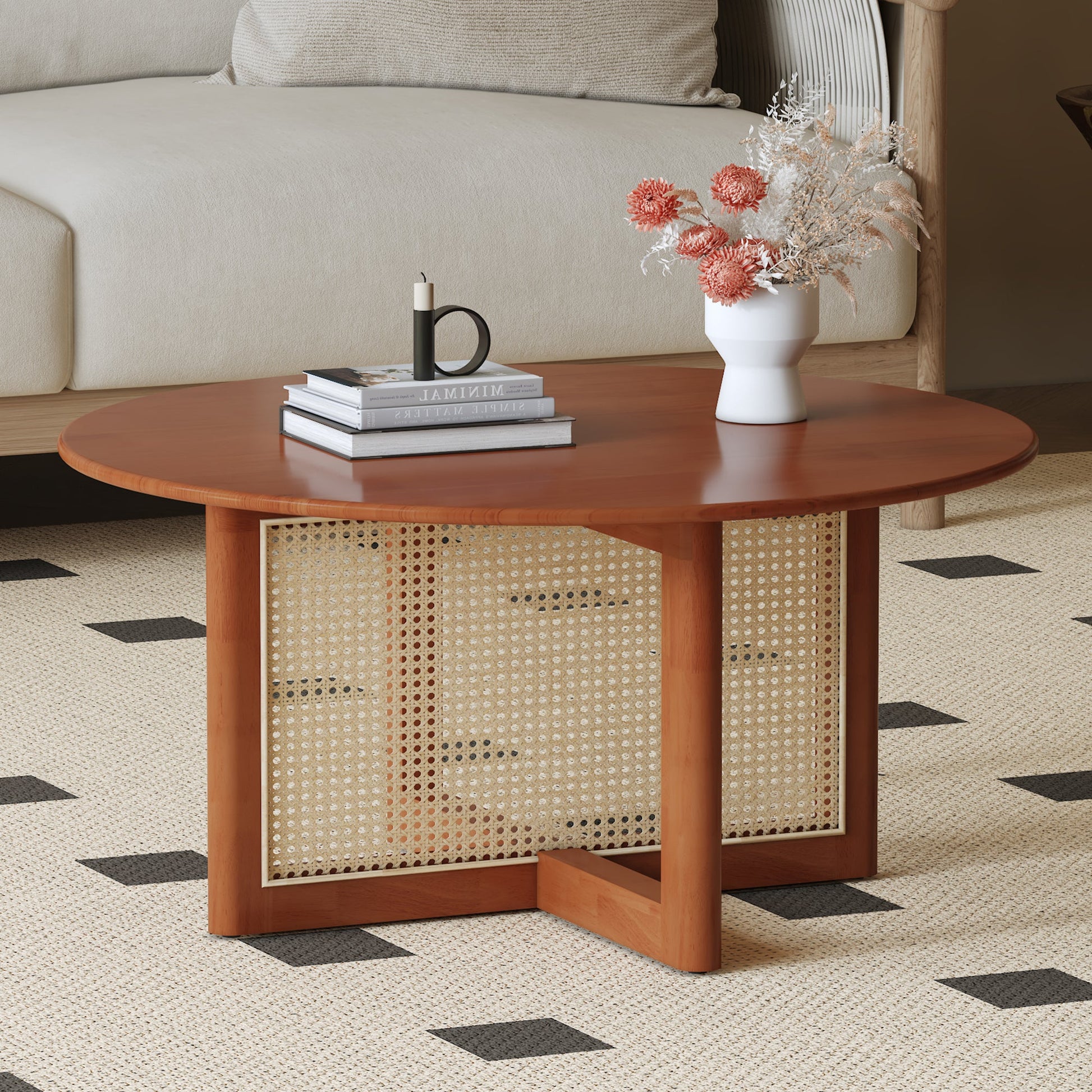 Brent Round Coffee Table with Rattan - Deep Red