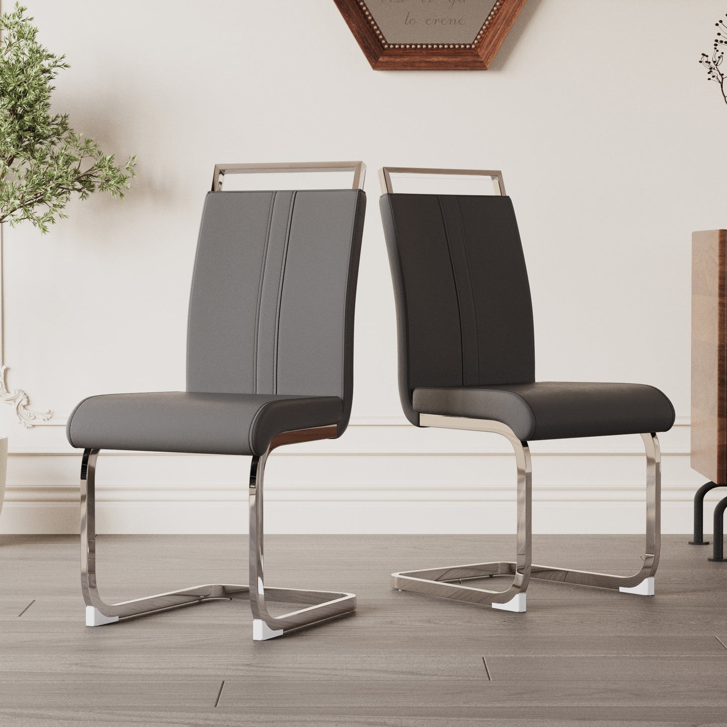 Astrid Modern PU Leather Side Chairs with Silver Legs, Gray