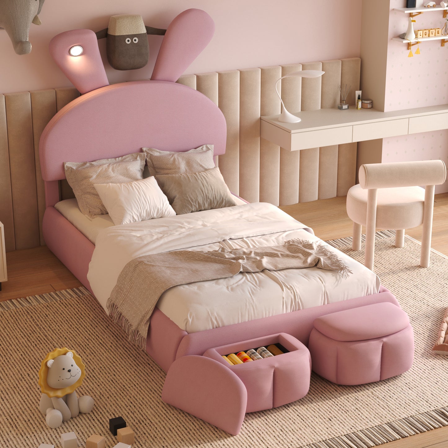 Tomo Twin Size Upholstered Platform Bed with Cartoon Ears Shaped Headboard and Light, Pink