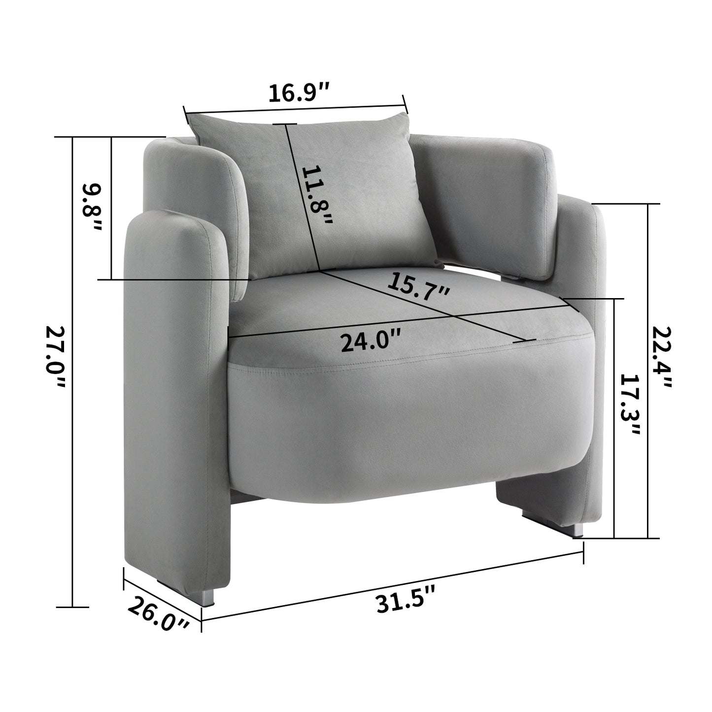 Chic Grey Velvet Lounge Chair with Pillows for Living Room or Bedroom