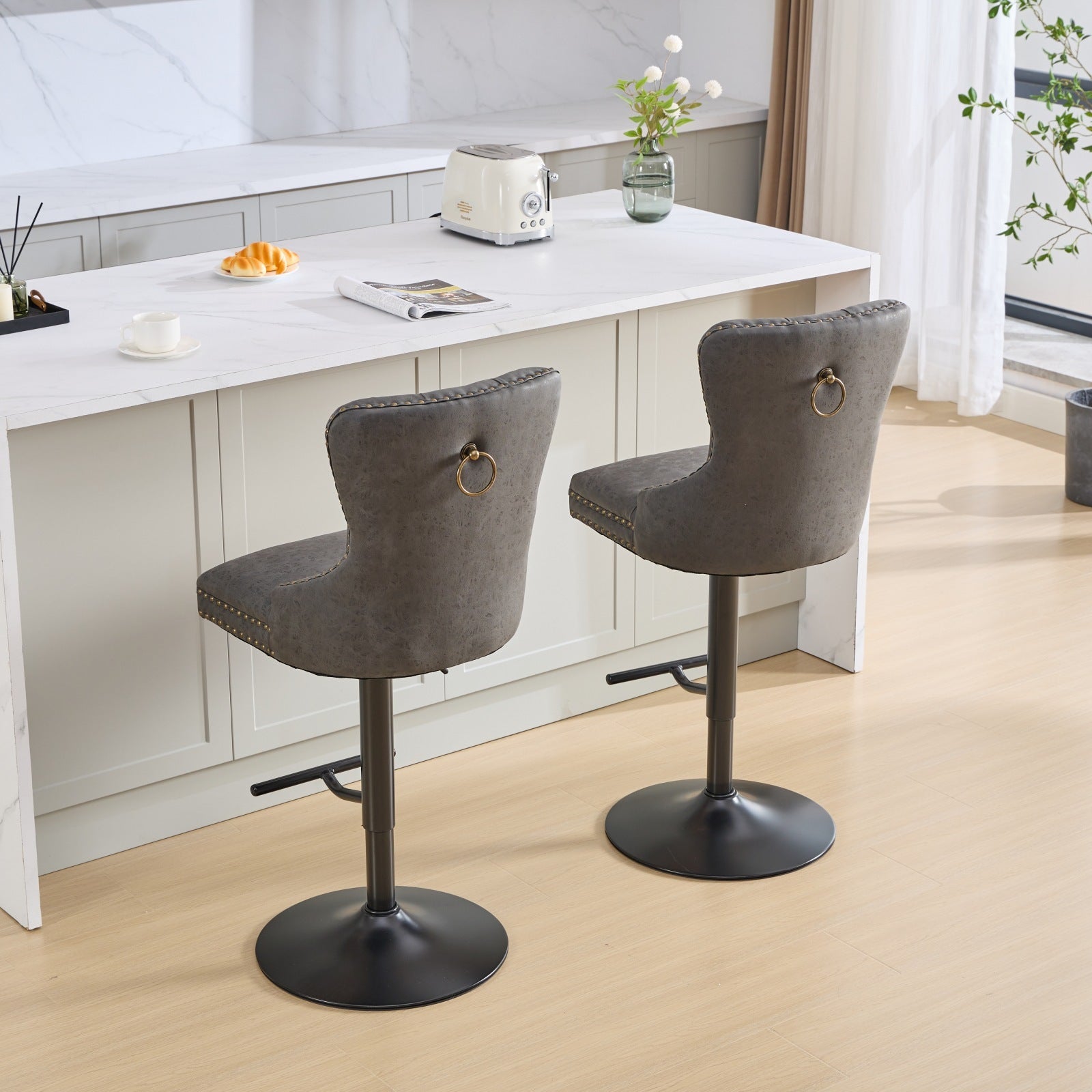 Lenora PU Leather Adjustable Bar Stools with Black Legs Set of 2 Gray