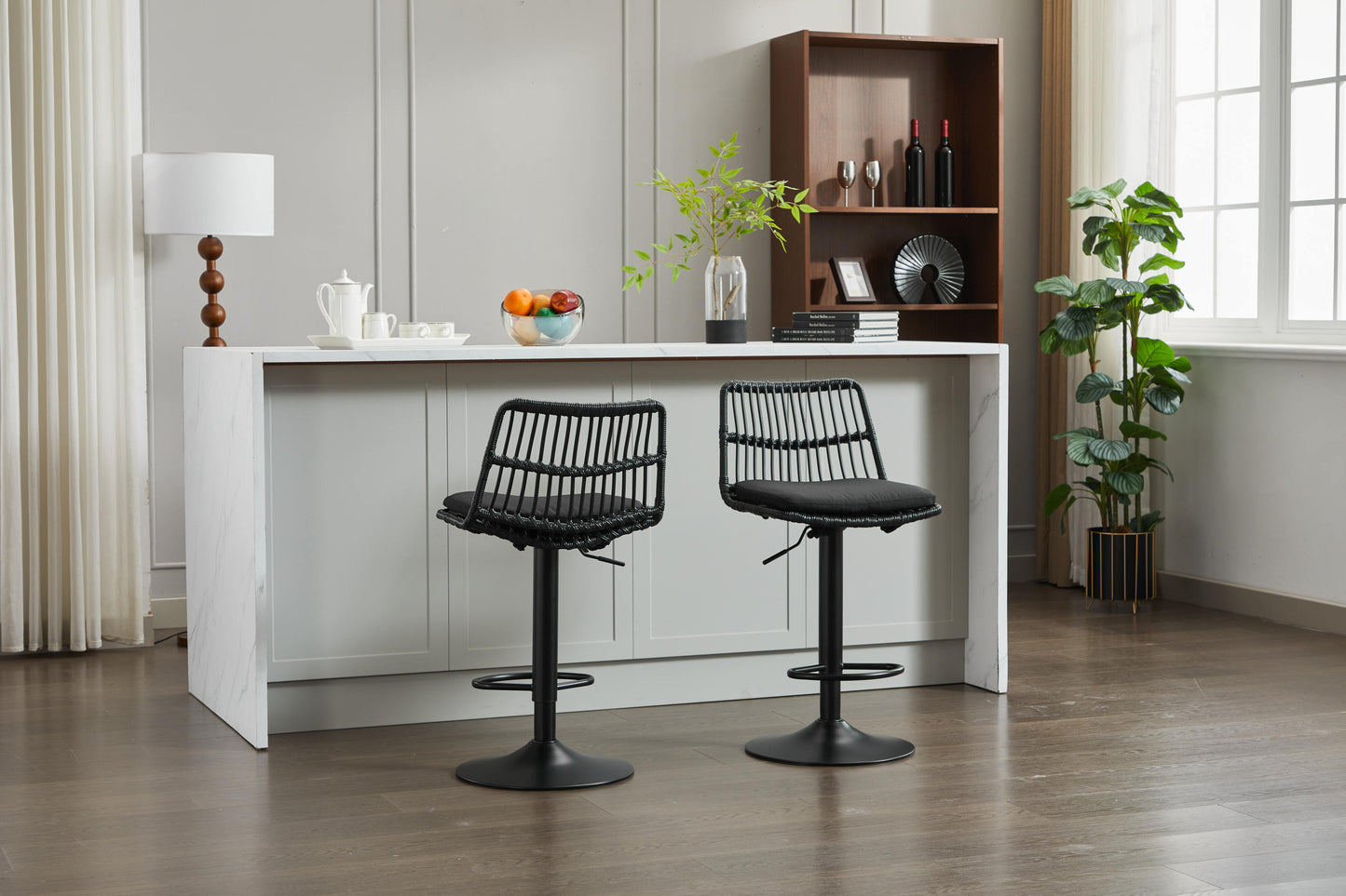 Isolde Adjustable Height 360° Swivel Bar Stool Set of 2 Black Rattan