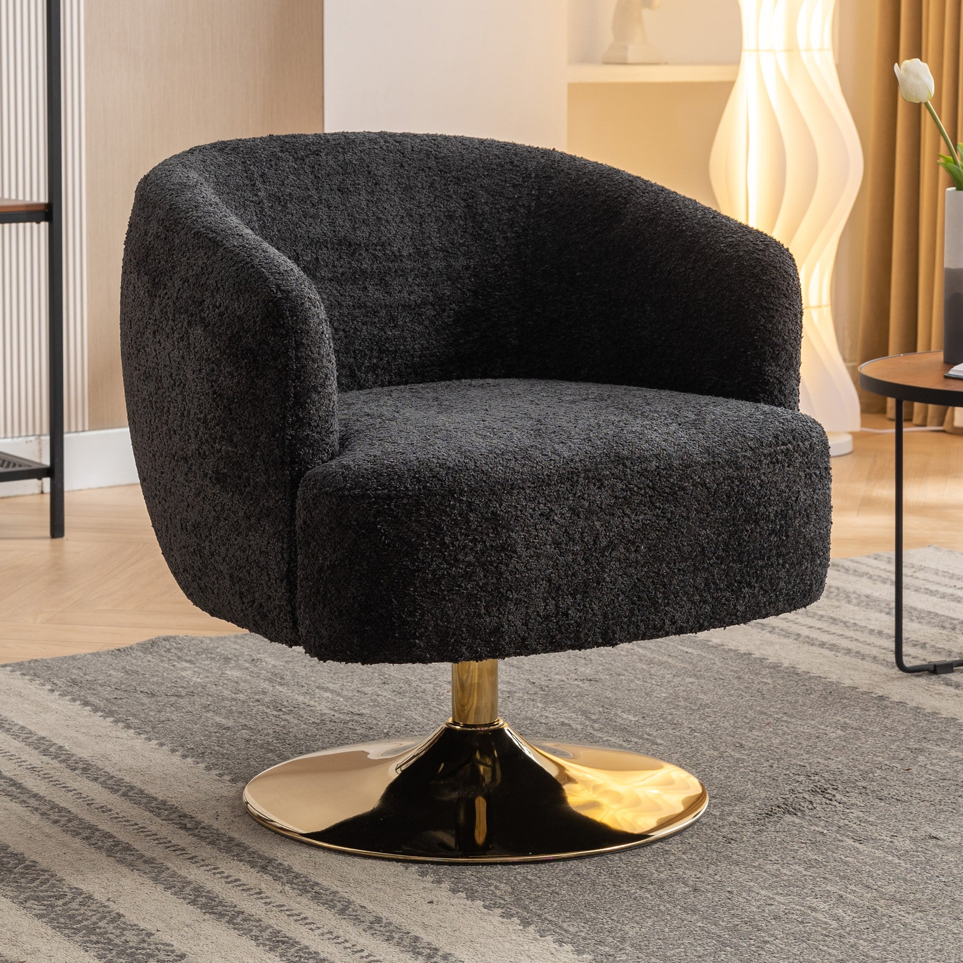 Chenille Fabric Black Accent Swivel Chair With Gold Metal Round Base