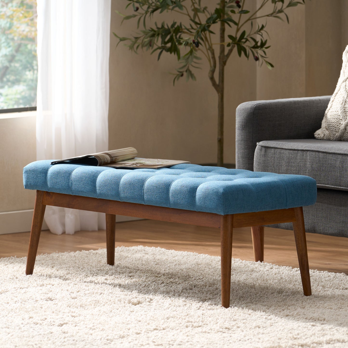 Altman Mid-Century Modern Rectangular Ottoman with Upholstered Top & Walnut Base, Blue