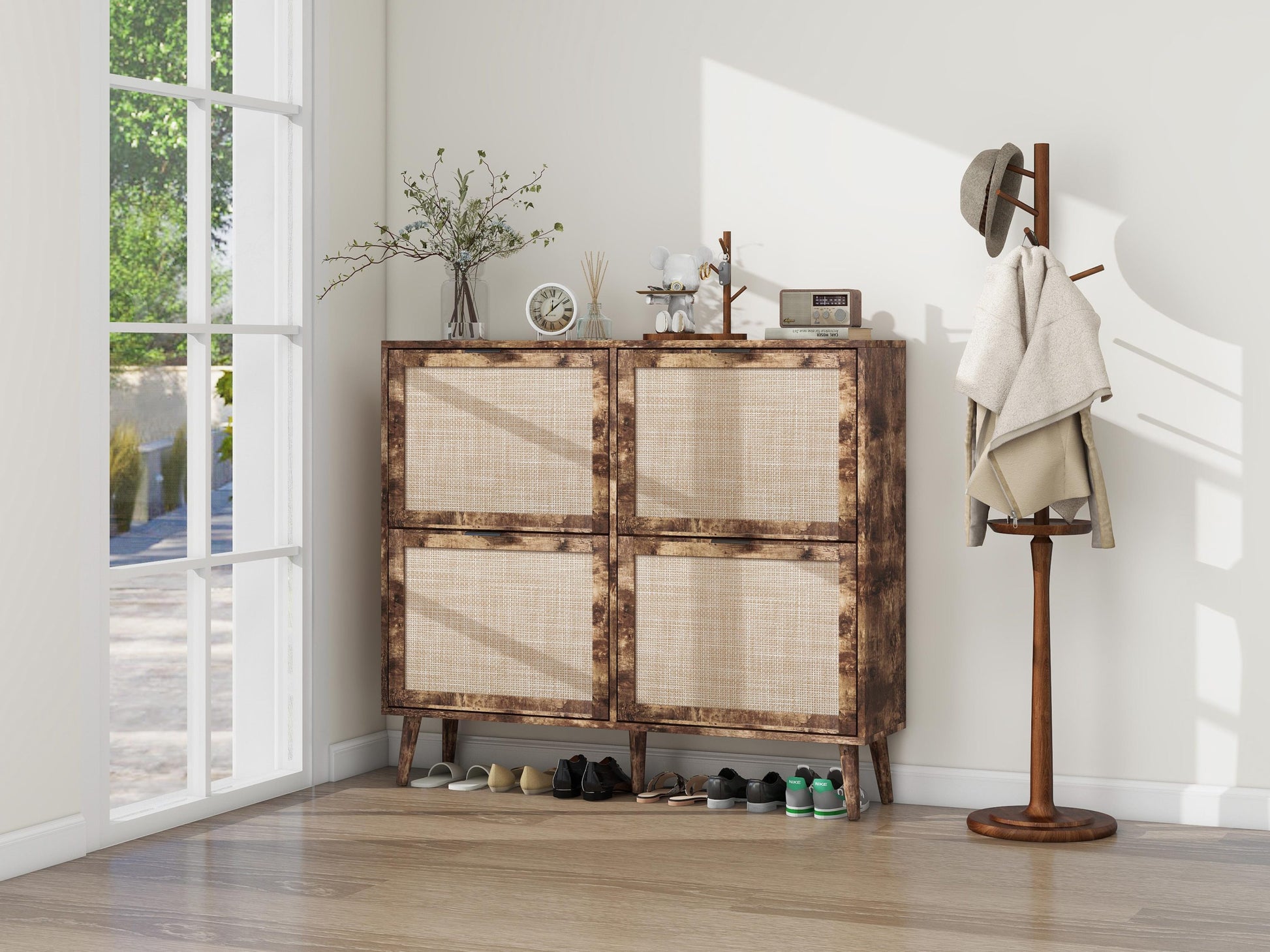 Ione Modern Shoe Cabinet with Engineered Rattan Doors, Burley Wood