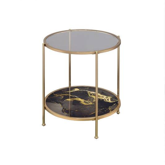 Fiorella Black Marble Print, Glass & Champagne Finish End Table