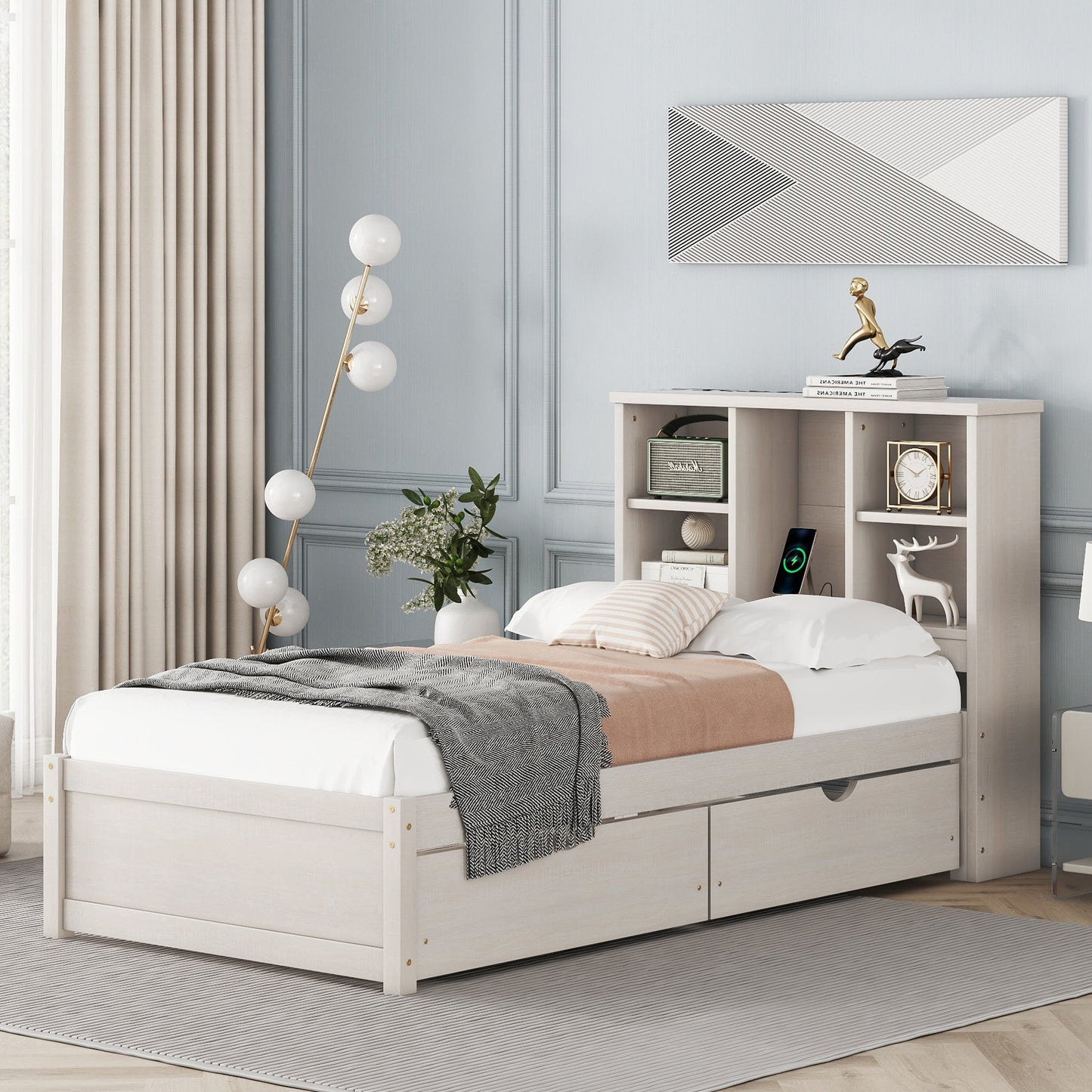 Emberly Modern Twin Size Bed Platform Bed with Bookcase Headboard & Trundle