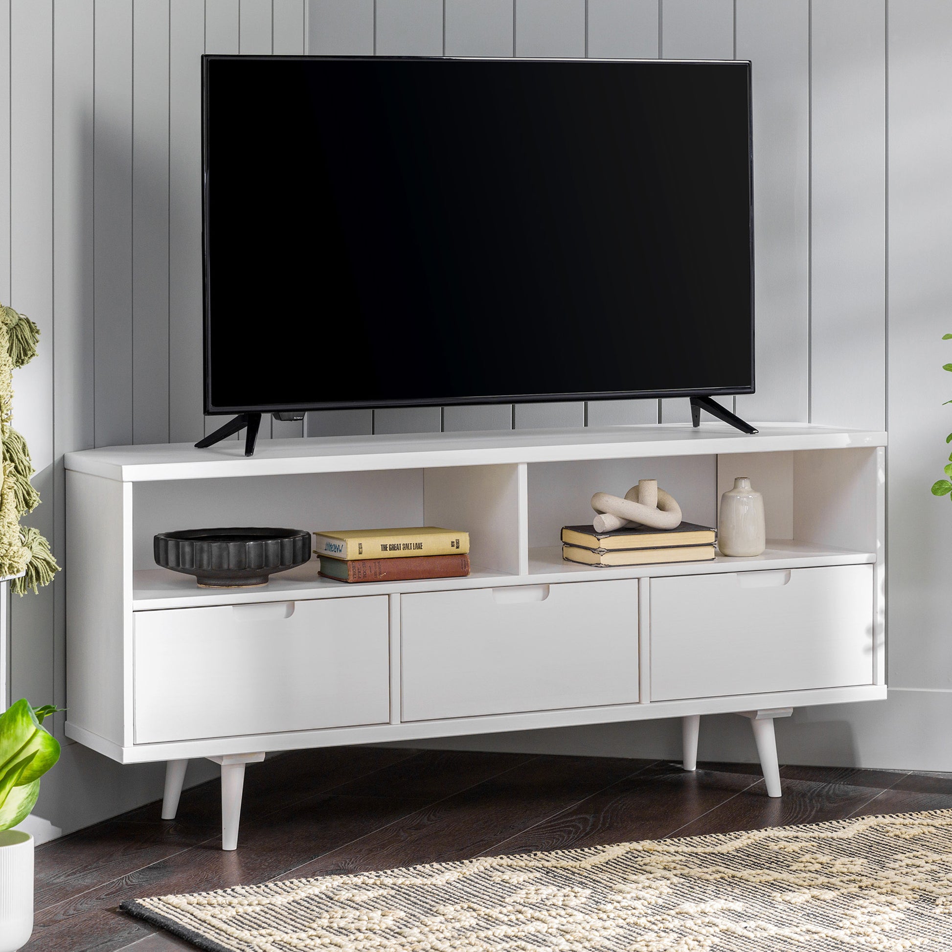 Marsh Mid-Century Modern Minimalist 3-Drawer Corner TV Stand for TVs up to 58 - White