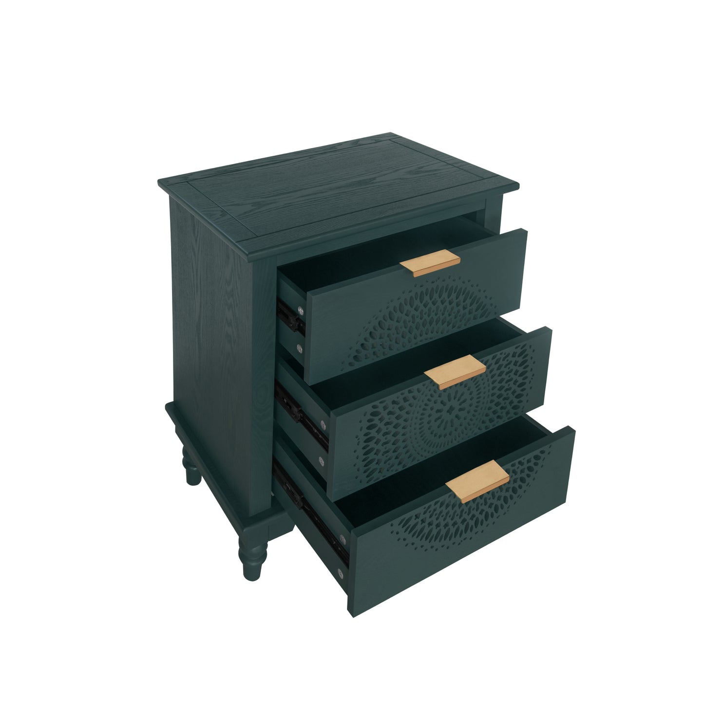 Harper Modern Hollow-Carved 3-Drawer Cabinet in Blackish Green with Gold Handles