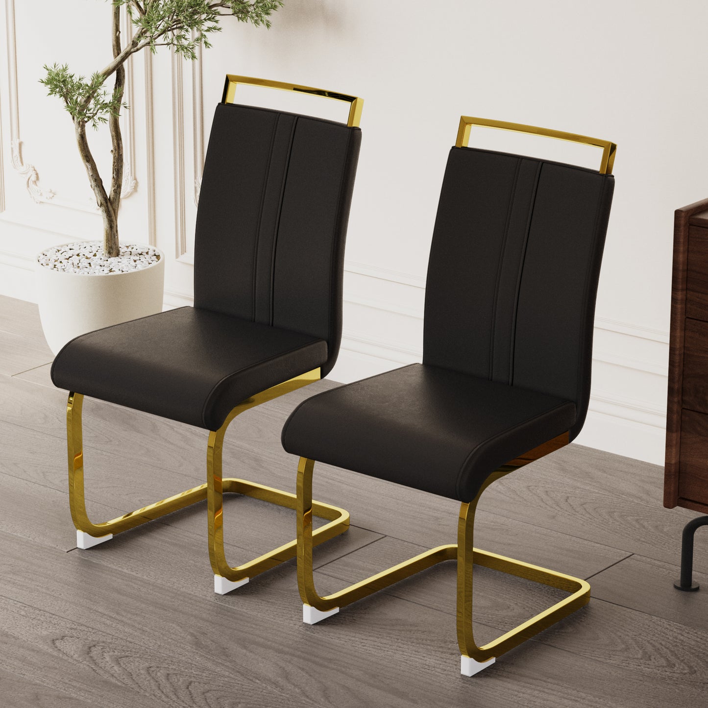 Astrid Modern PU Leather Side Chairs with Gold Legs Set of 2 , Black