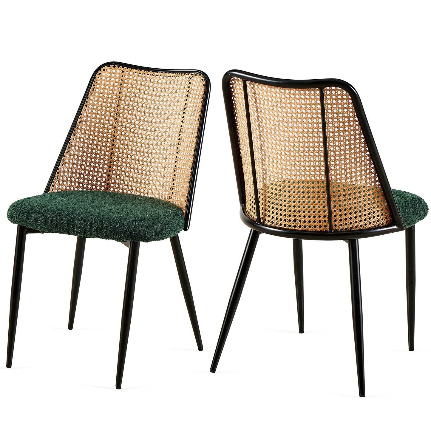 Fallon Modern Rattan Back Side Chairs with Green Boucle Seat Set of 2