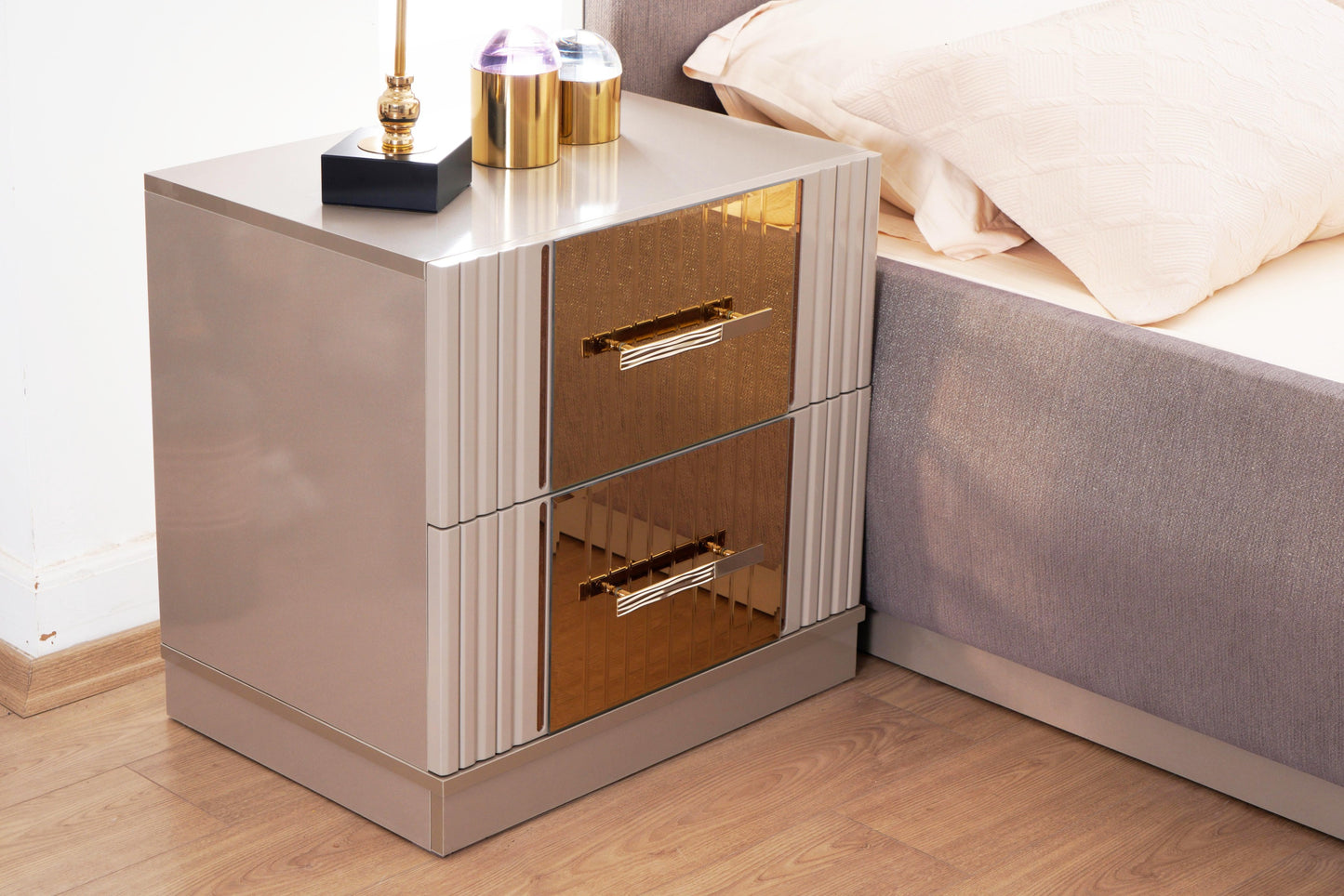 Lorenzo 2-Drawer Glam Nightstand, Gray & Gold