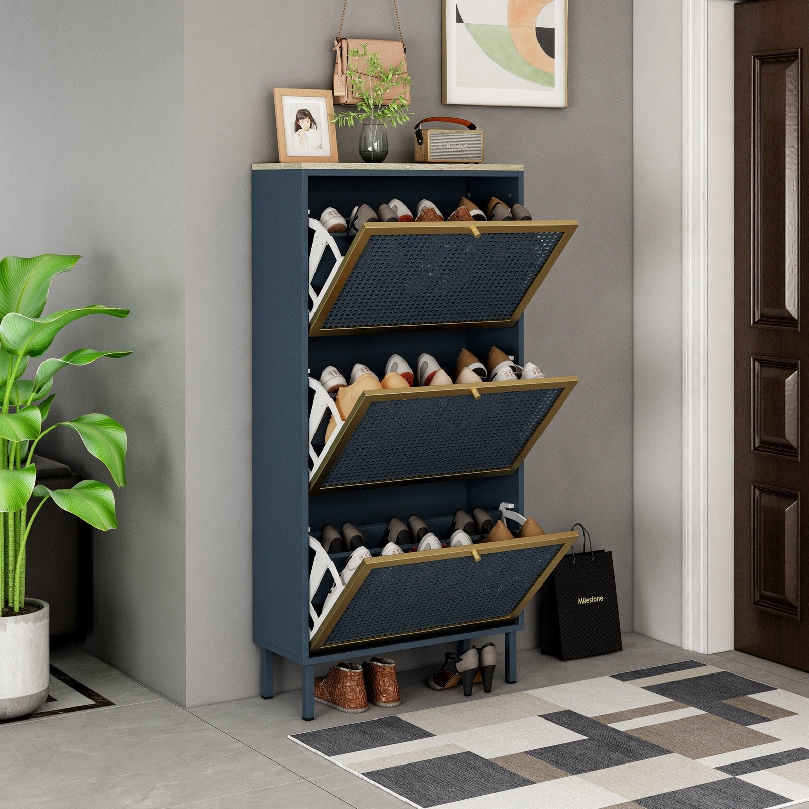 Riley Mid-Century Modern Shoe Cabinet - Blue & Gold