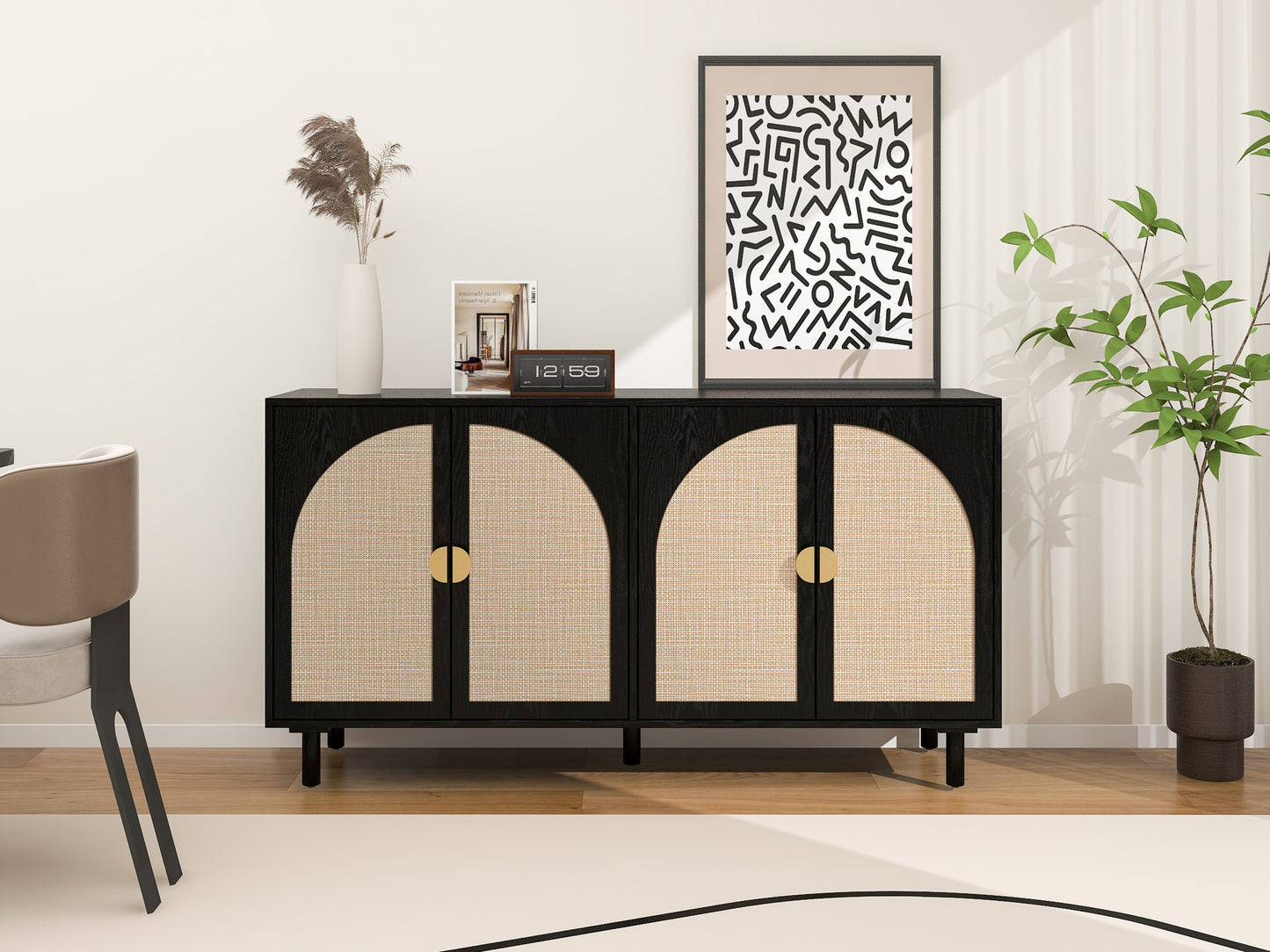 Rune Mid-Century Modern Cabinet with Rattan Doors, Black