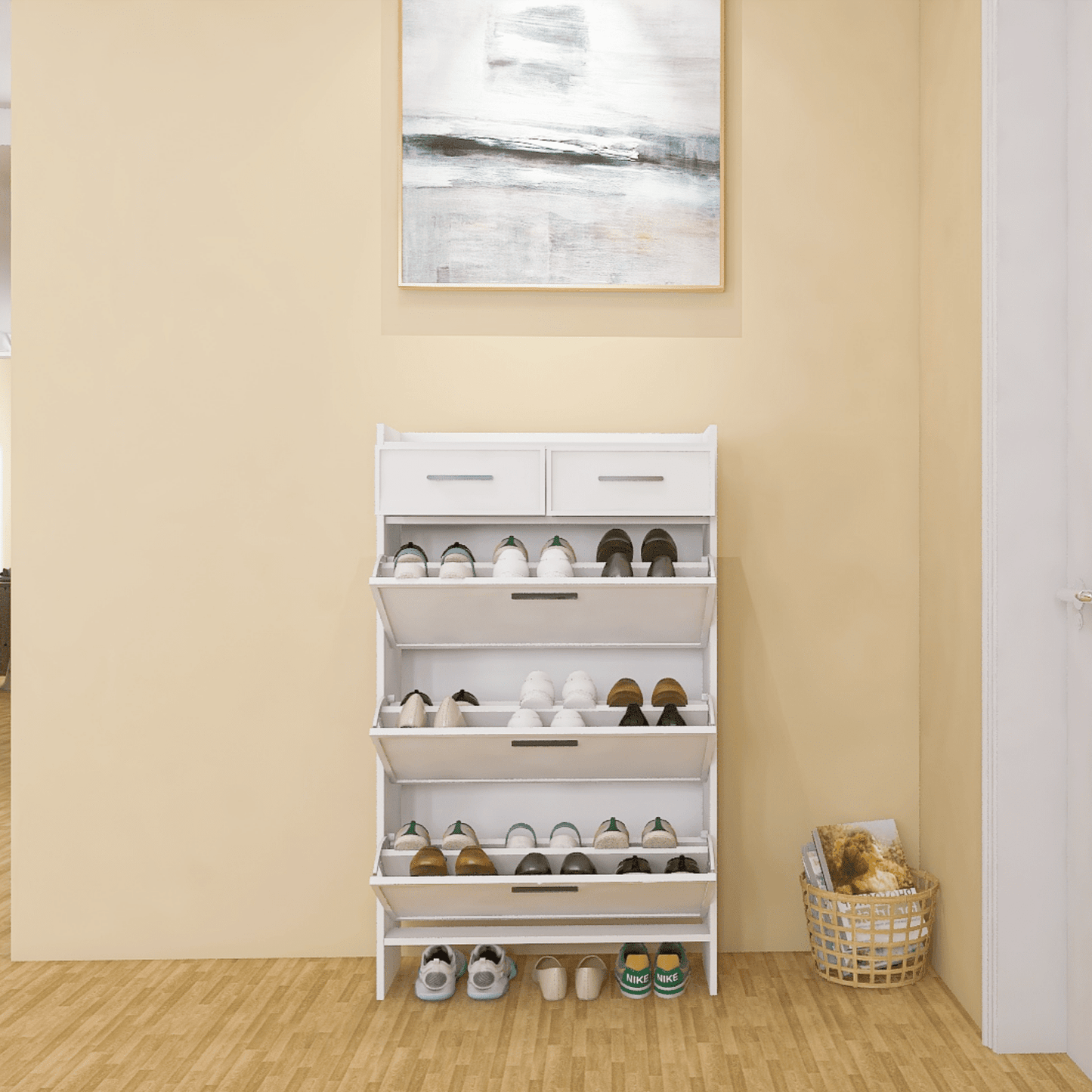 Presley Shaker Shape Door Shoe Rack 3 Doors Shoe Cabinet With 2 Drawers With Open Space for Shoes