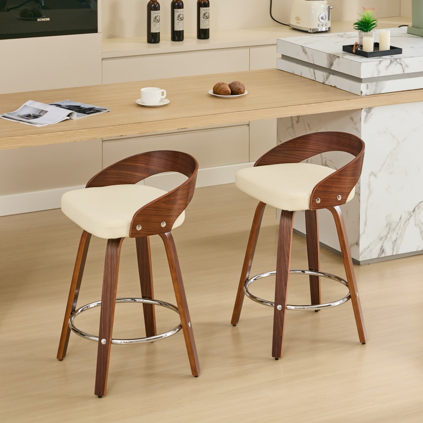 Sienna Beige Swivel Bar Stools with Low Back and Soft Cushion Seat, 25-Inch Height - Set of 2