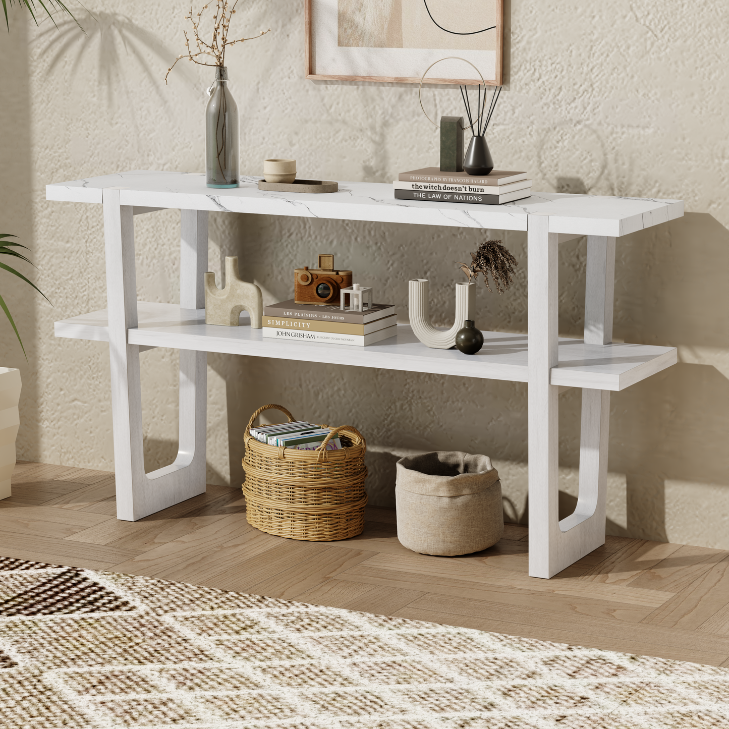 Idalia Elegant Console Table with Faux Marble Top, White