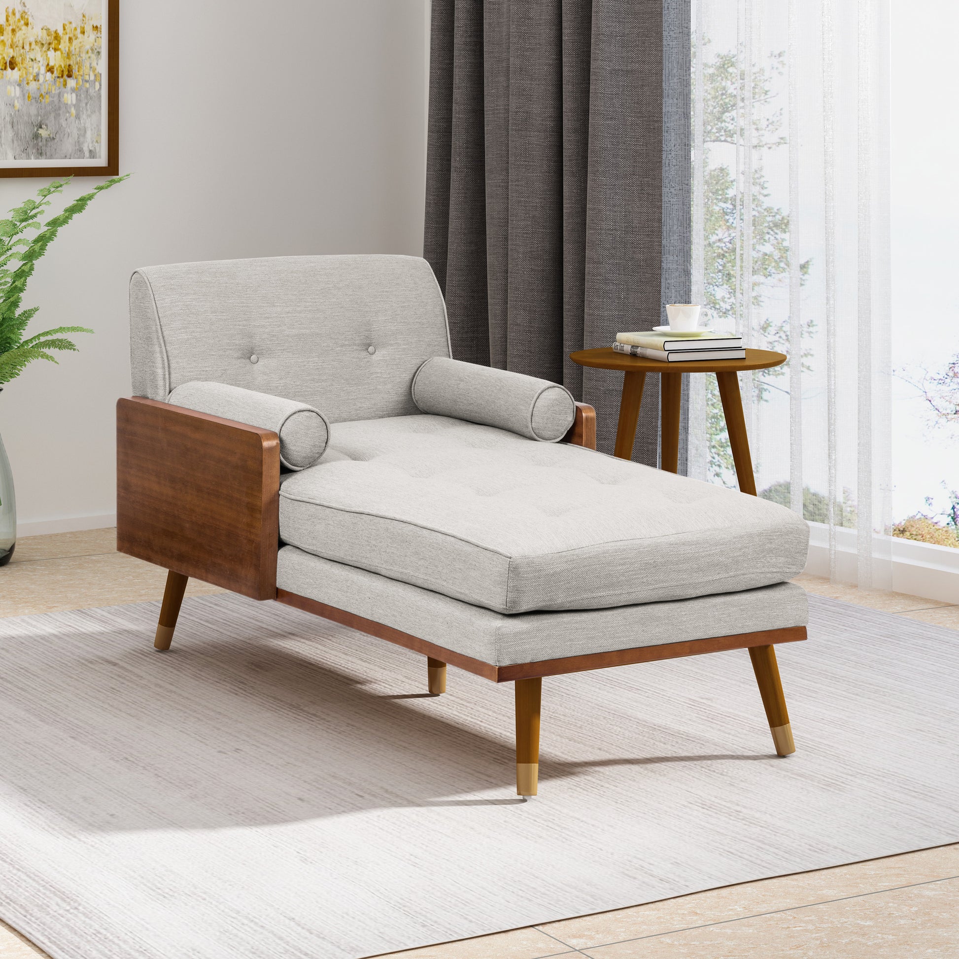 Romilly Mid-Century Modern Chaise Lounge, Beige & Walnut