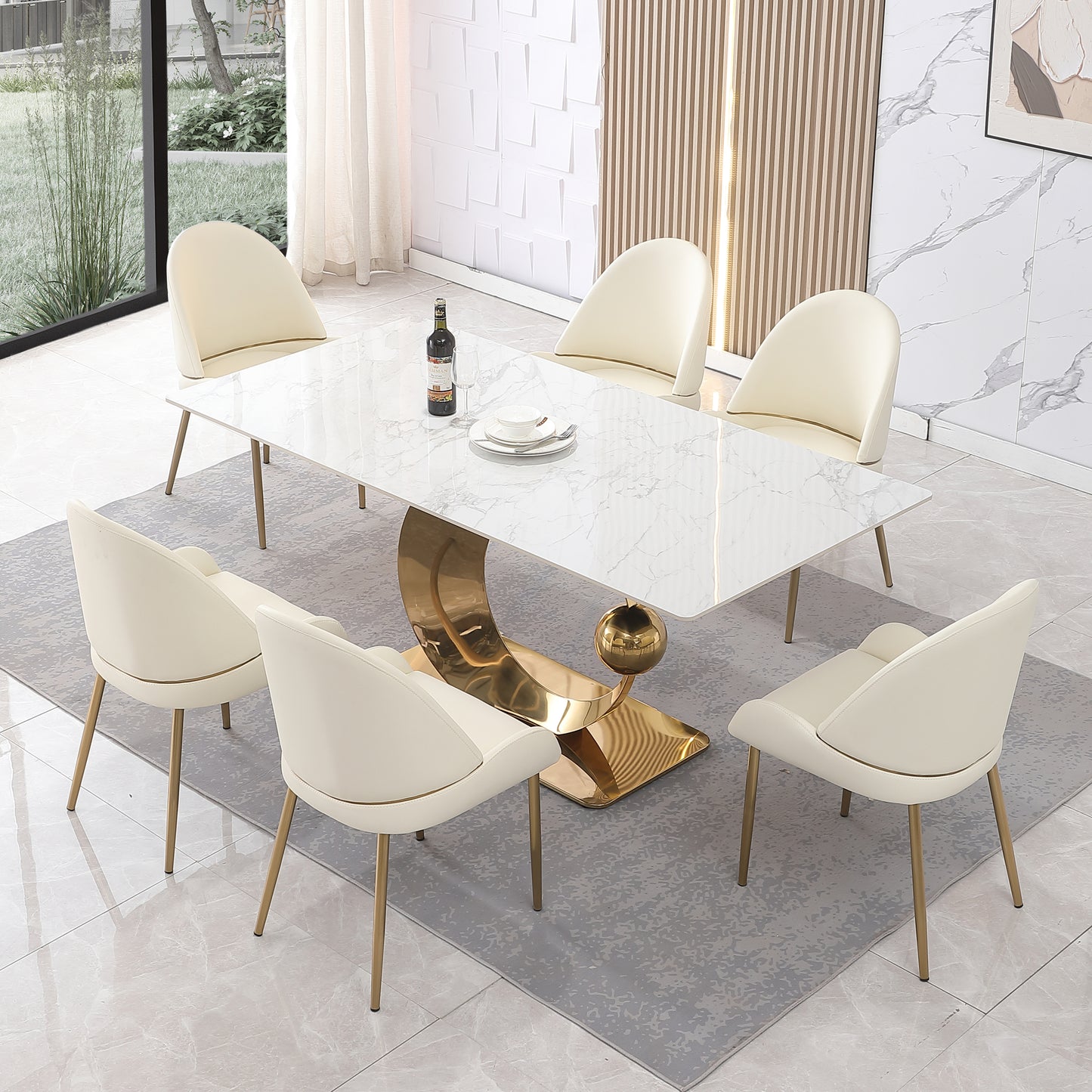 Zyra 71' 7-Piece Faux Marble Dining Set with Golden Base & Carrara White Top