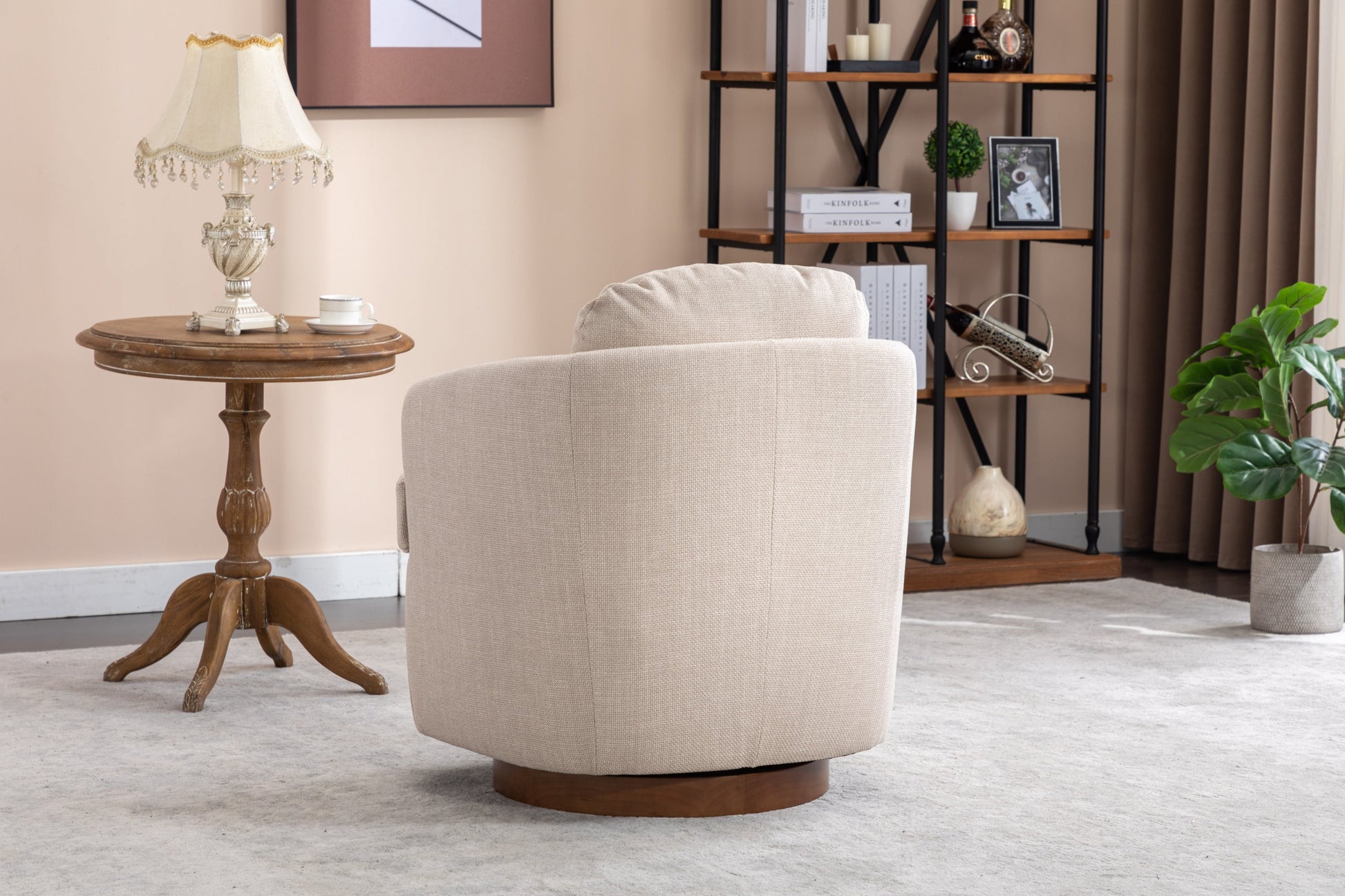 Barley Linen Swivel Accent Chair with Wooden Base - Beige