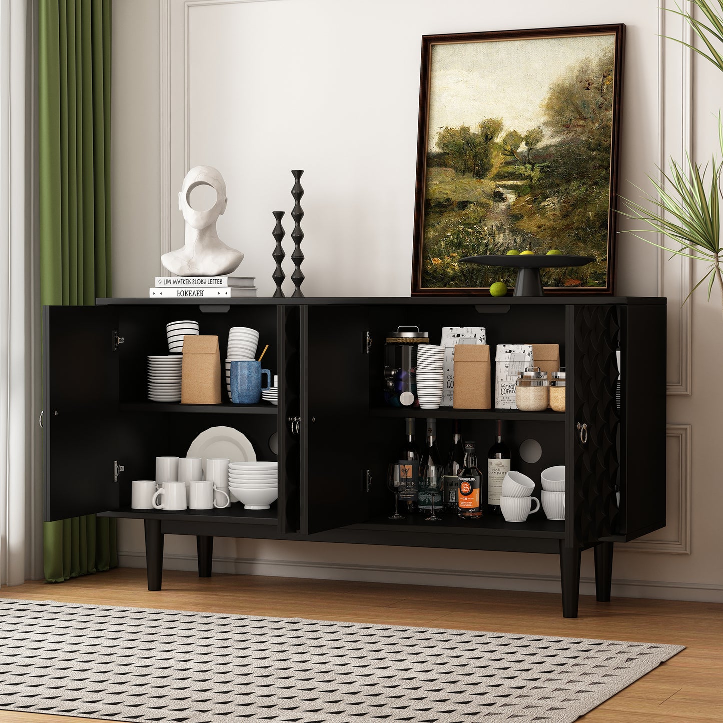 Elara Modern Convex Pattern Cabinet with 4-Drawers, Black