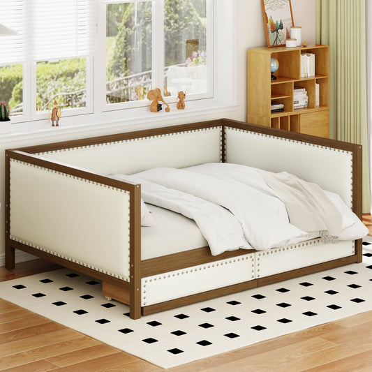 Bart Full Size Upholstered Daybed with 2 Drawers and Nailhead Decoration, Wood Color