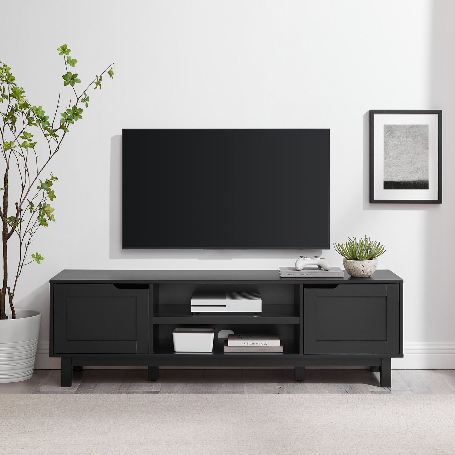 Laurel Modern 2-Door Open Storage TV Stand for TVs up to 65 inches – Solid Black