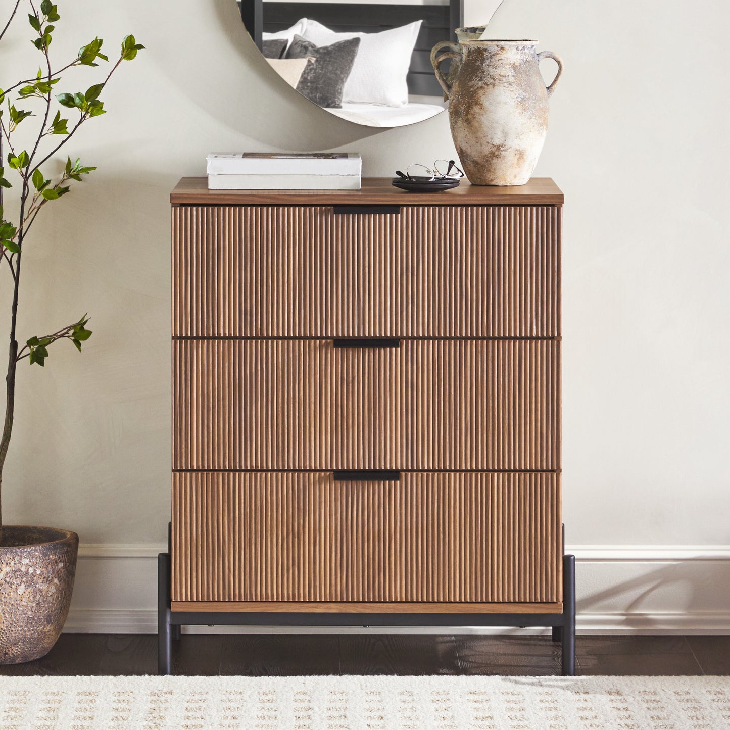 Lenora Mid-Century 3-Drawer Chest with Reeded Drawer Fronts, Mocha