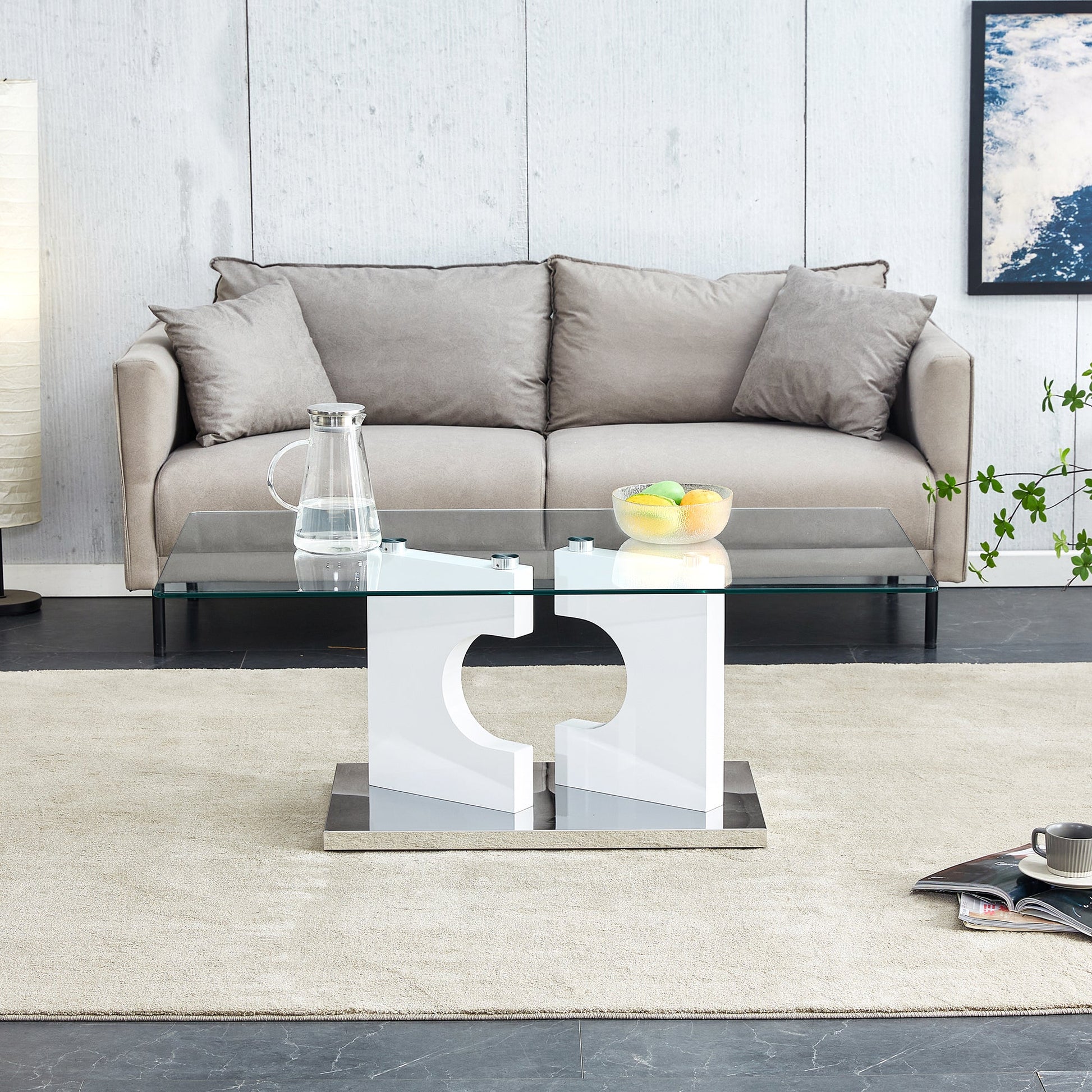 Masterson Modern Glass Top Coffee Table with Silver Base - White