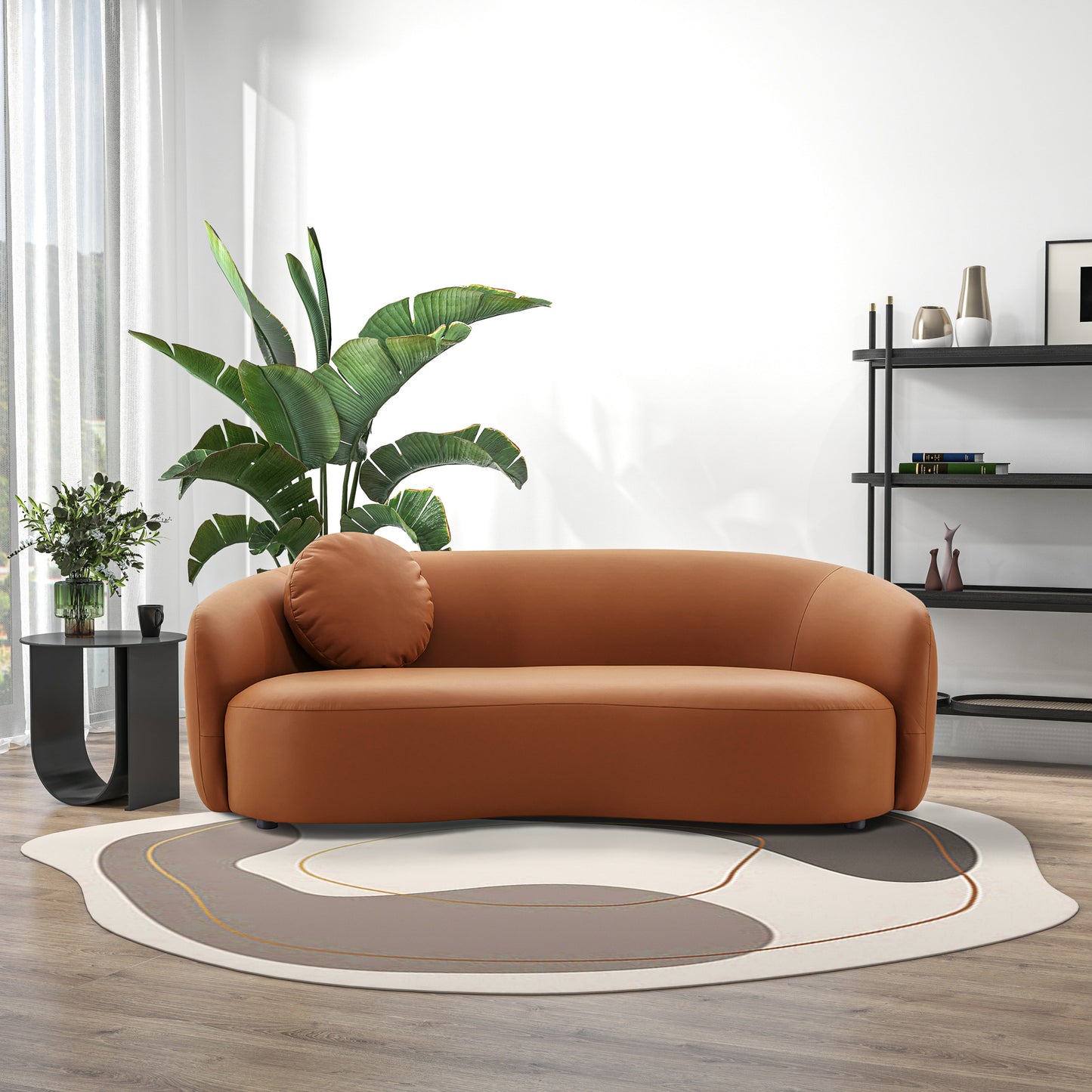 Porter Modern Curved PU Leather Sofa, Cognac