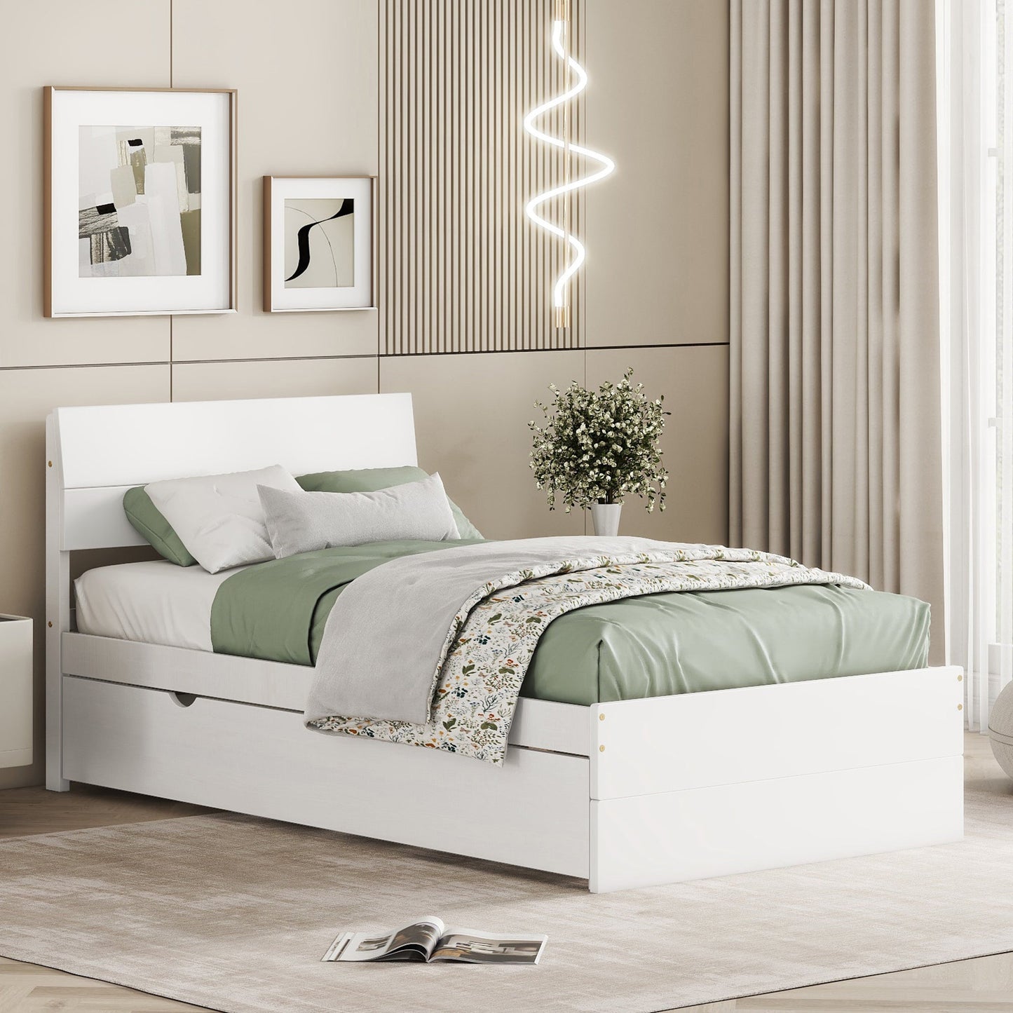 Juniper Modern High Gloss Twin Bed with Trundle, White