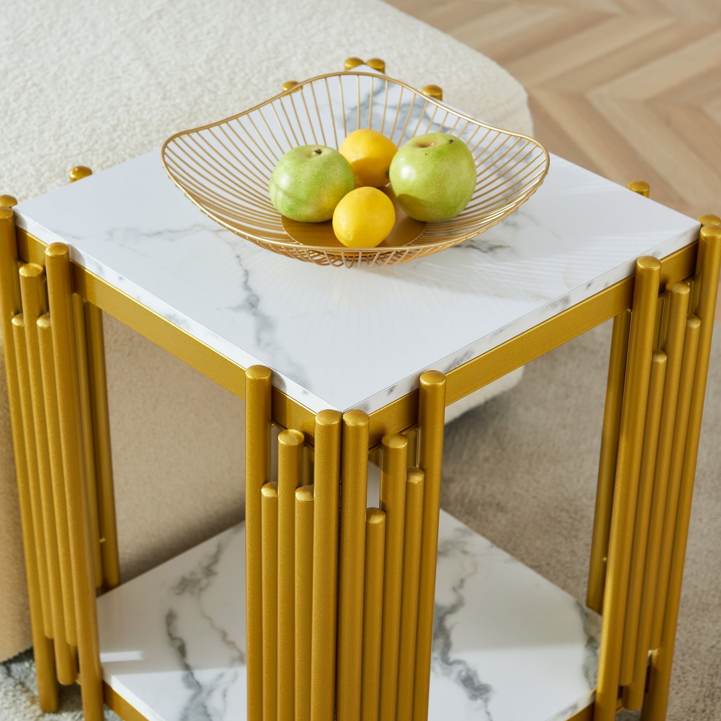 Juno Modern Round Faux Marble Side Table, Gold & White